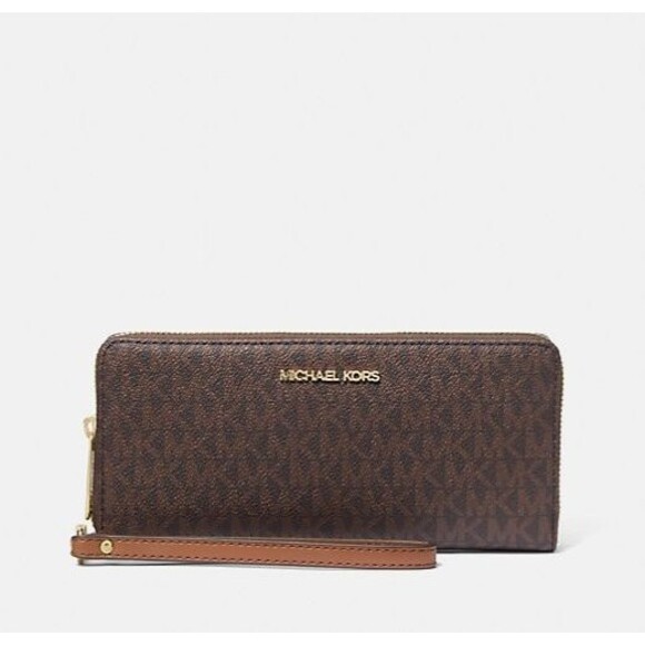 New Michael Kors Jet Set Large Travel Continental Wallet Logo Brown - Picture 1 of 2